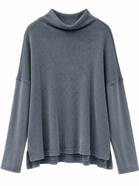 BA6 Fashion Waffle Knit Mock Neck Tunic Top Gray Blue XL NWT